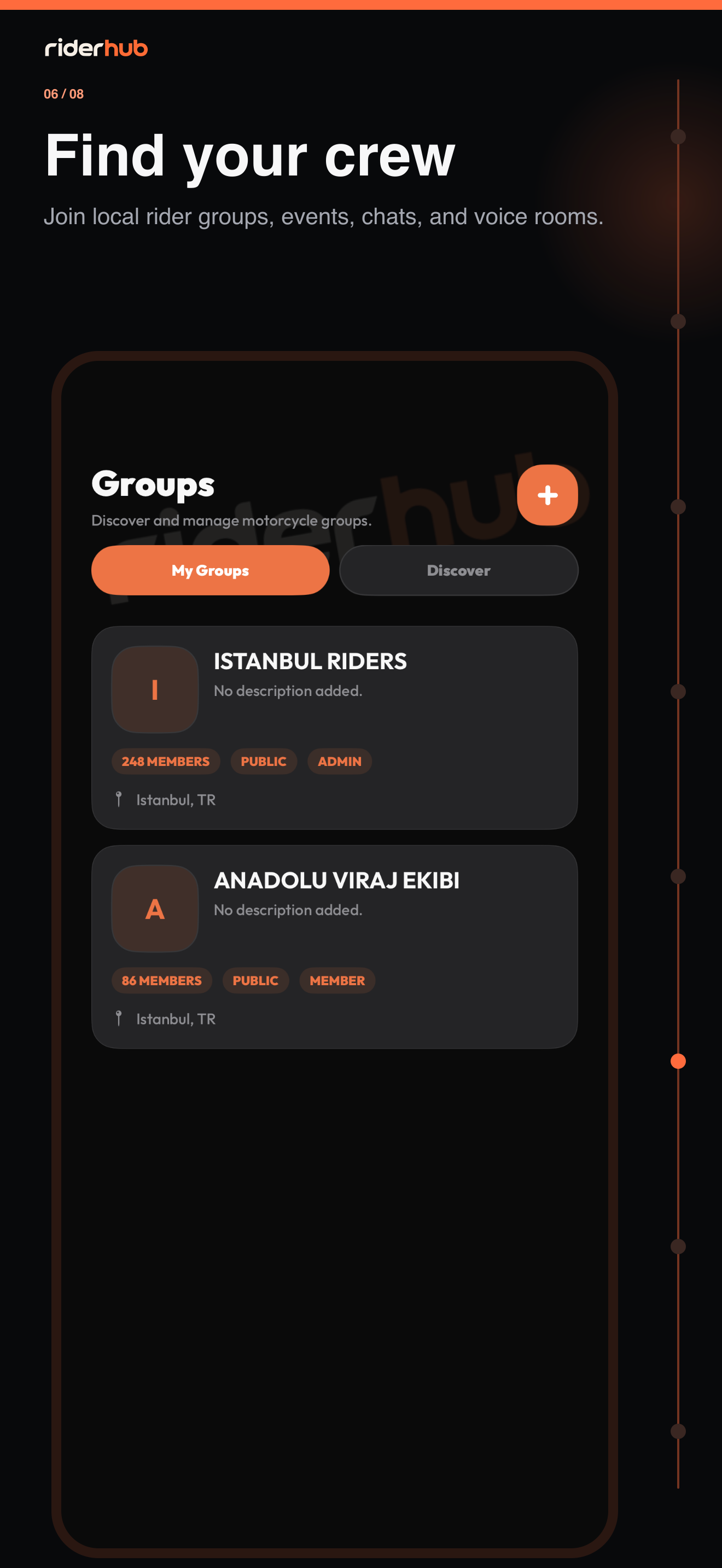 RiderHub Groups showing My Groups and Discover