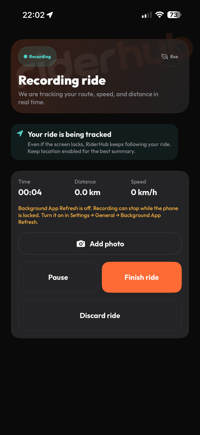 Schermata RiderHub durante la registrazione di un’uscita